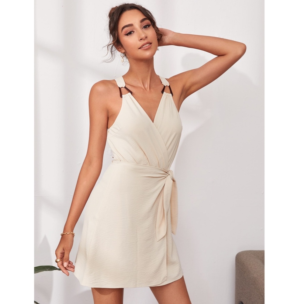 Wrap V-Neck Beige Mini Dress - Picture 5 of 8